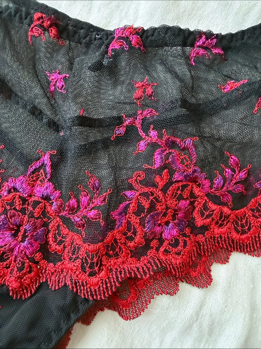 Aubade Black Bra & Sheer Briefs Set with Red and Pink Embroidery